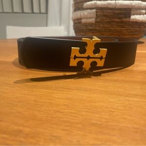 Tory Burch Black Leather Belt with Gold Logo Buckle